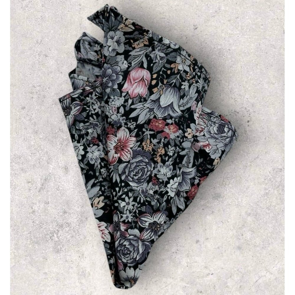 NEW OXFORD STREET Cotton Bow Tie Pocket Square 29.6" Gray Pink Floral W:2.6" - Picture 3 of 8